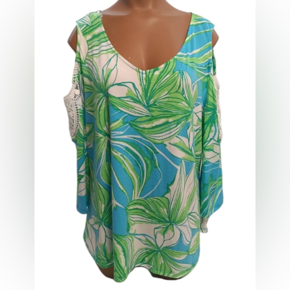 Ruby Rd Cold Shoulder Tropical Leaf Print Tunic  Top 1X